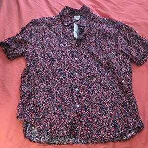 100% Fine Linen J. Crew Men's Floral Button Down Shirt - Red and Navy Blue